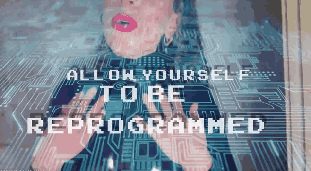 mistress blunt in latex with text on top that says allow yourself to be reporgrammed