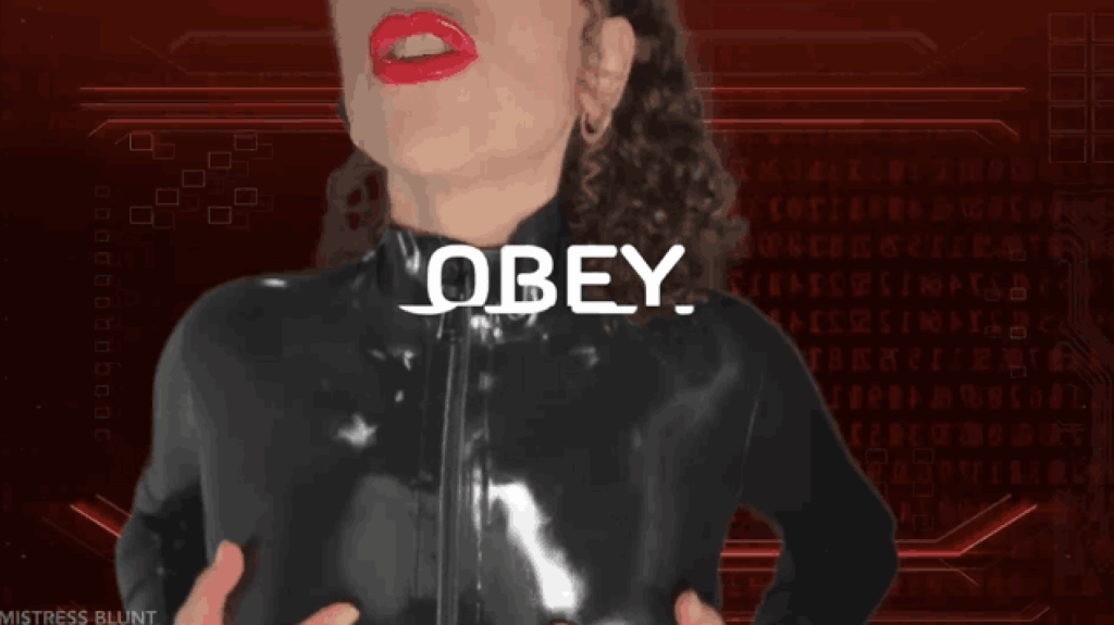 Mistress blunt in black latex with red lips, a curly ponytail and red background. The word obey falls across the screen