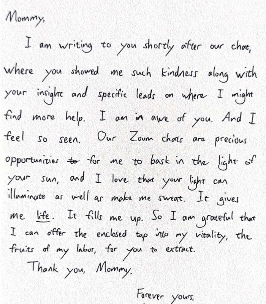 A hand written love note from Mistress Blunt's virtual submissive